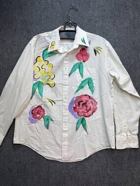 Vintage Brut Women's Hand Painted Floral Button Up Shirt White Art Top